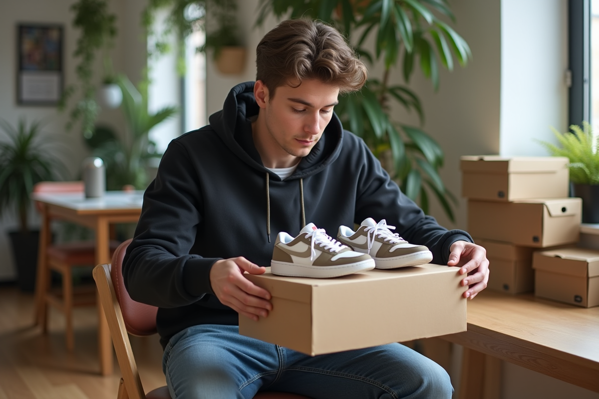 Jeune homme en streetwear examine des sneakers neuves dans un appartement lumineux