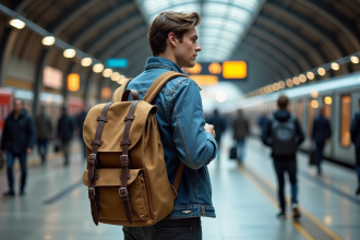 Jeune homme dans une gare européenne ajustant son sac à dos
