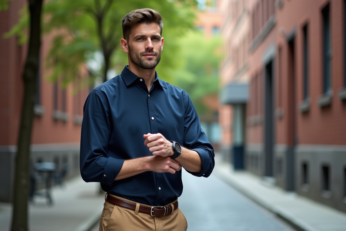 Jeune homme en ville ajustant sa montre