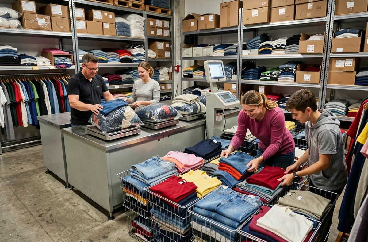 Clients triant des vêtements dans les bacs d'une friperie au poids Kilo Shop à Lille avec une balance industrielle au comptoir