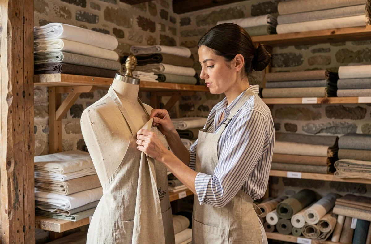 Artisane tailleuse de L'Apiéceur ajustant un patron sur mesure dans son atelier du Marais