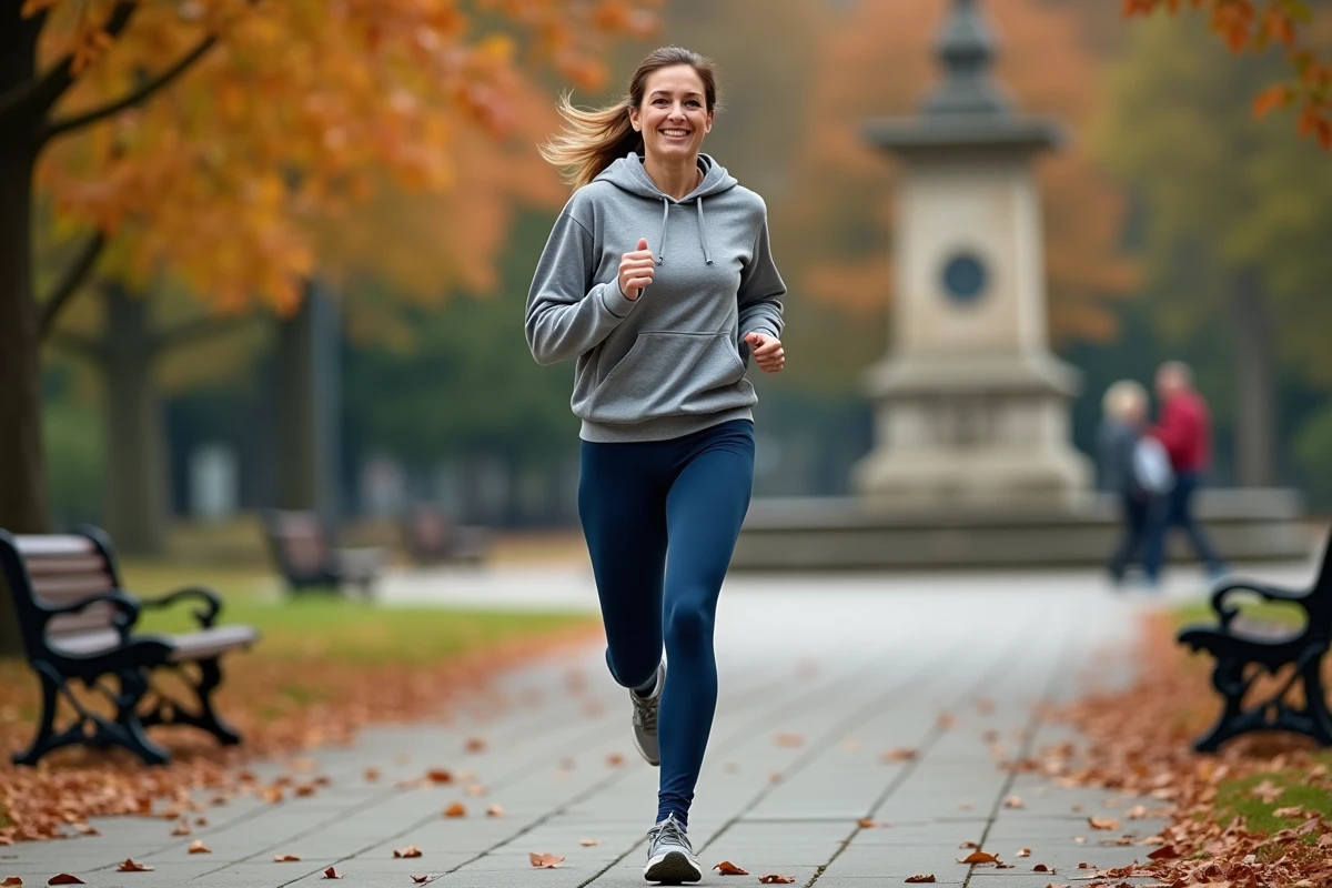 Femme en legging polyester bleu marine faisant du jogging dans un parc urbain en automne