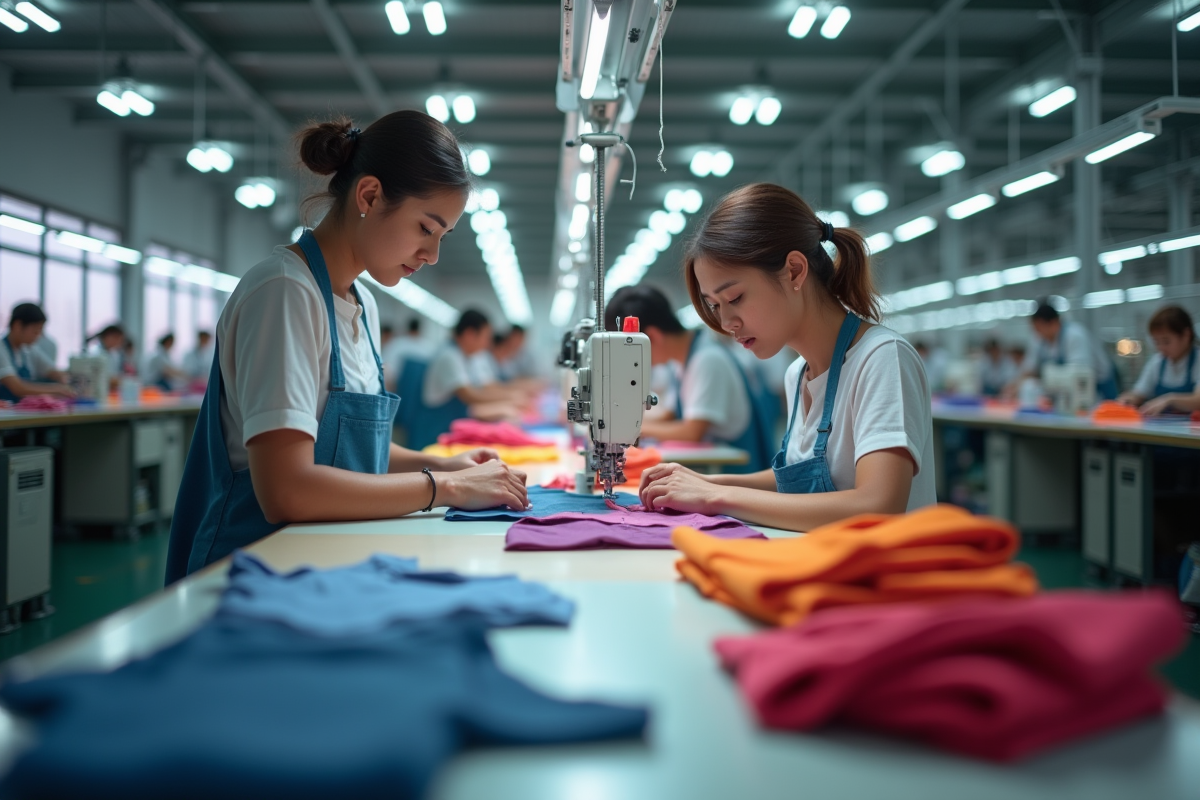Ligne de production de vêtements avec employés et textiles colorés