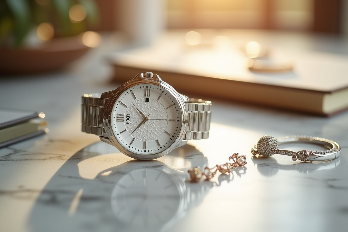 Montre élégante pour femme en argent sur marbre