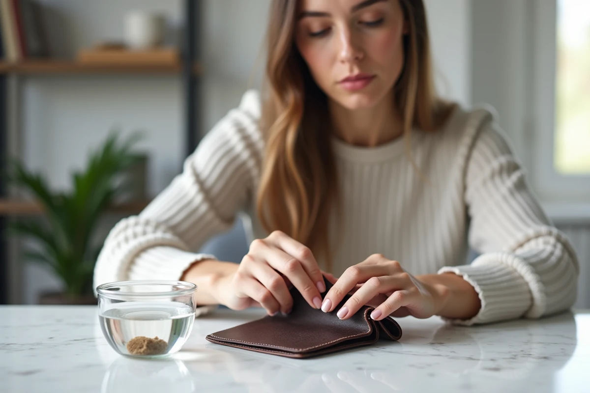 Femme nettoyant un porte-carte en cuir marron fonc&eacute; avec un chiffon microfibre et du savon de selle sur un bureau en marbre