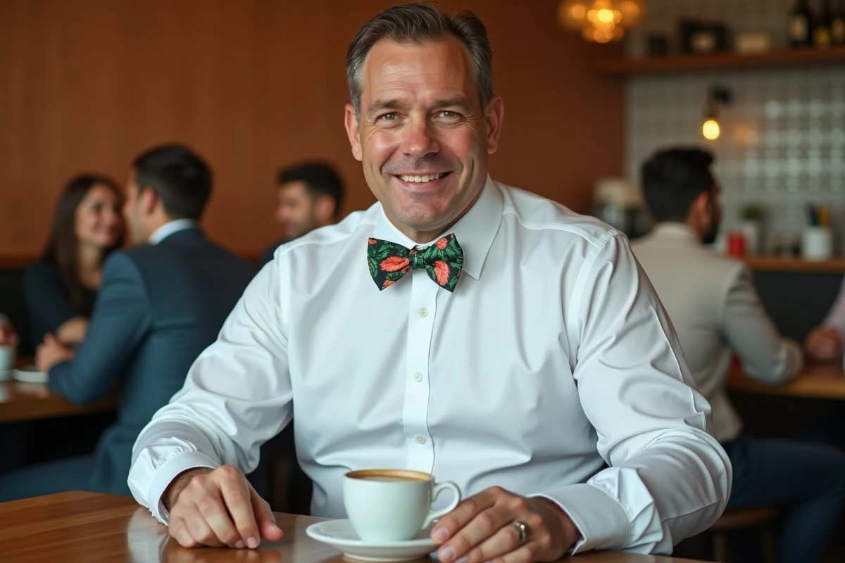 Homme corpulent en chemise blanche avec nœud papillon fleuri vert et corail assis dans un café, nœud bien proportionné et équilibré