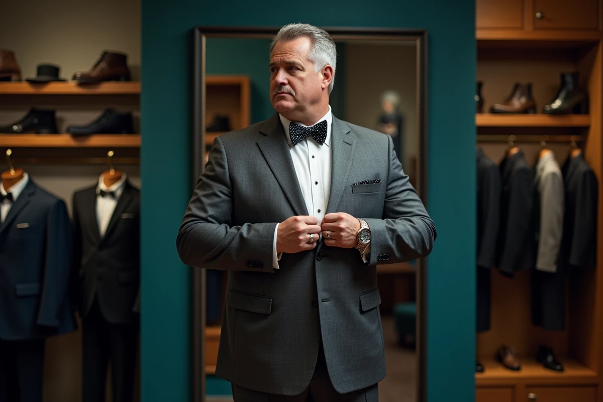 Homme grande taille en costume gris anthracite ajustant un nœud papillon à pois noirs et bleu sarcelle devant un miroir dans une boutique de mode masculine