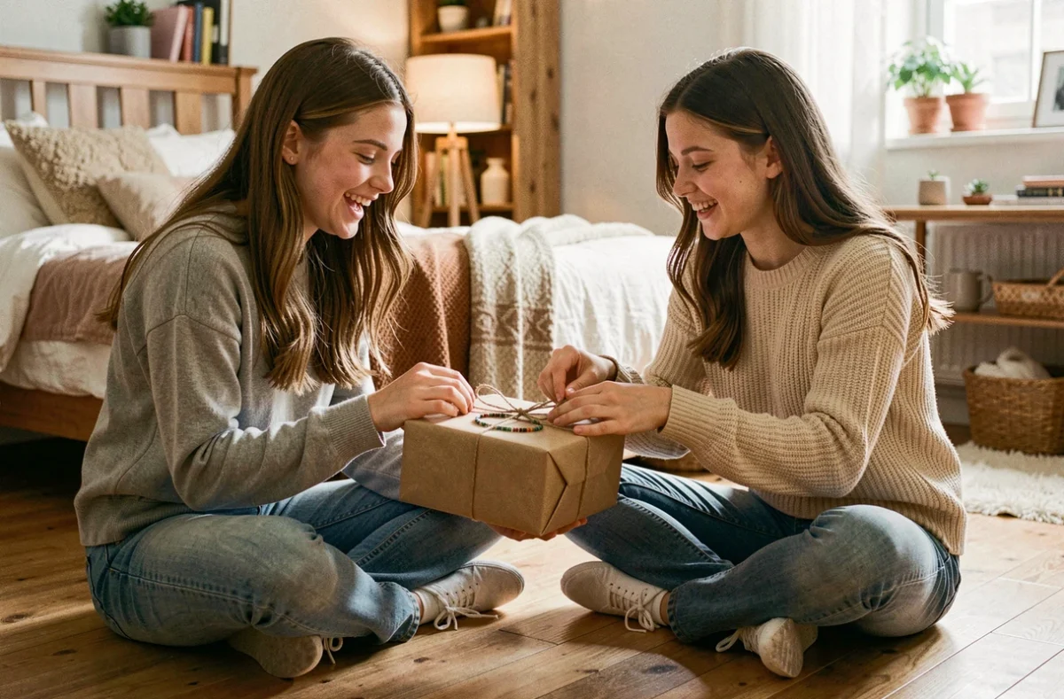 Deux adolescentes échangeant un coffret cadeau de kit bracelets soigneusement emballé dans une chambre cosy