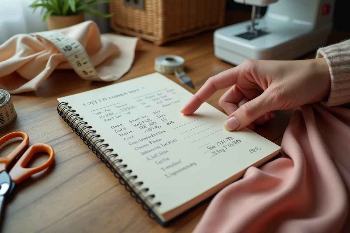 Gros plan sur les outils d'une couturière à domicile incluant un carnet de calcul de prix, un mètre ruban et des tissus sur un bureau en bois