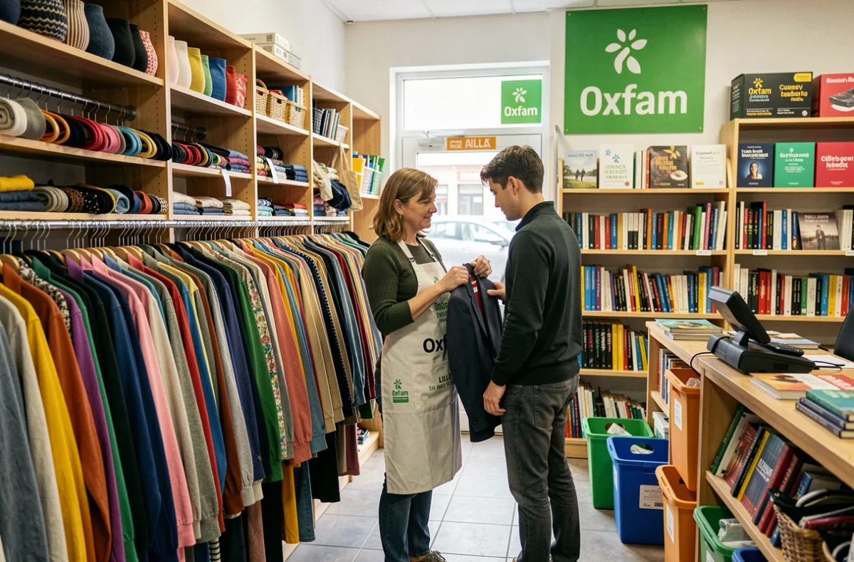 Boutique Oxfam La Friperie à Lille avec des vêtements seconde main organisés et une bénévole assistant un client