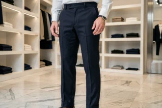 Homme portant le pantalon de luxe le plus cher du monde dans une boutique parisienne haut de gamme