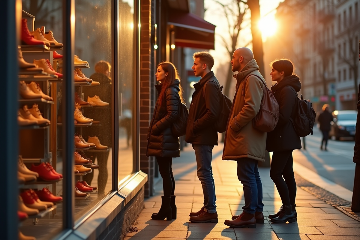 Groupe de personnes regardant une vitrine de chaussures en ville
