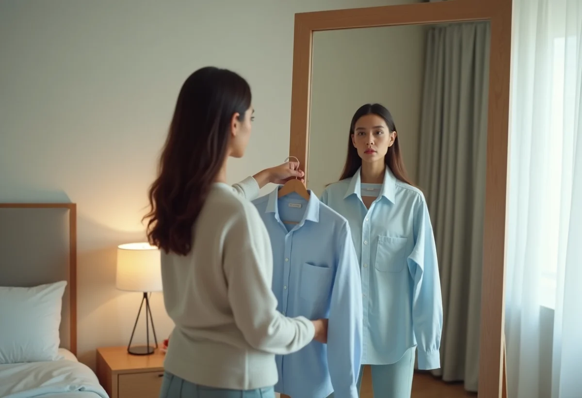 Personne devant un miroir tenant deux chemises différentes