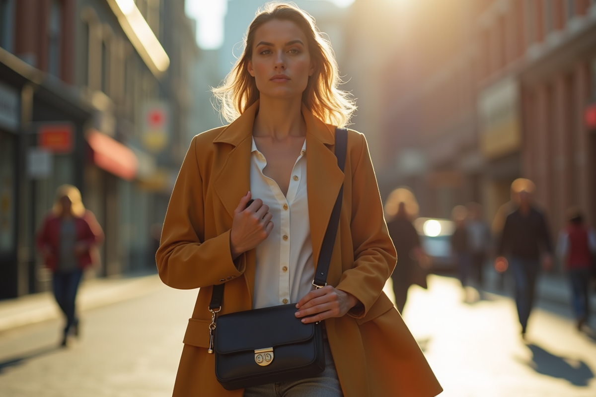 Personne élégante ajustant son sac en bandoulière dans la rue