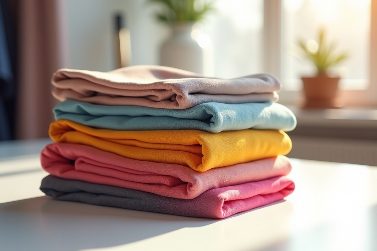 Pile de vetements colorés de mode rapide sur une table blanche