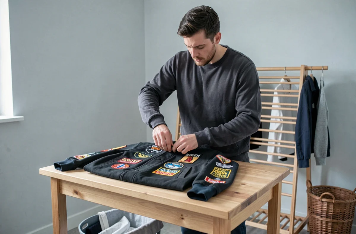 Homme pliant soigneusement une veste streetwear Bullrot avec broderies sur une table à linge en bois