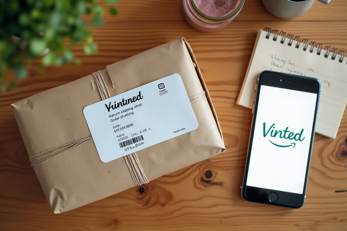 Vue de dessus d'un colis retour Vinted prêt à être expédié avec étiquette et téléphone affichant l'application
