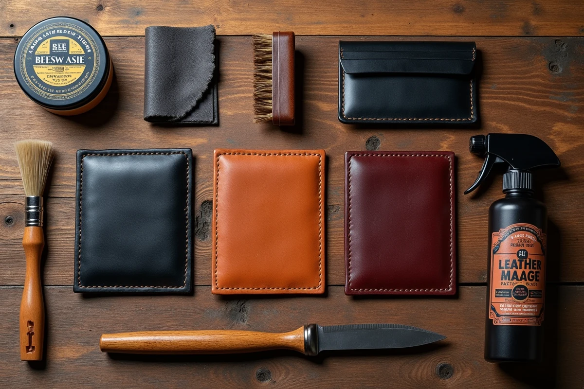 Vue de dessus de plusieurs porte-cartes en cuir de couleurs vari&eacute;es entour&eacute;s de produits d'entretien sur une surface en bois rustique