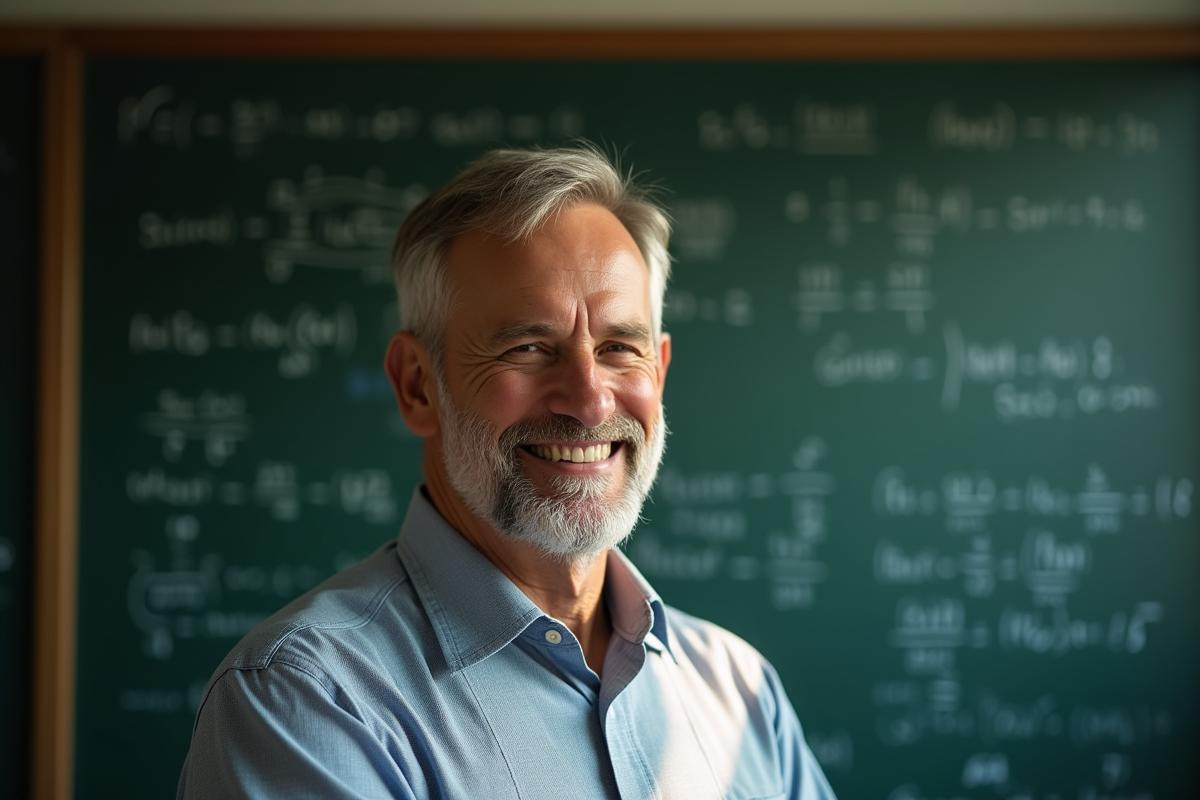 Professeur souriant devant un tableau avec équations mathématiques