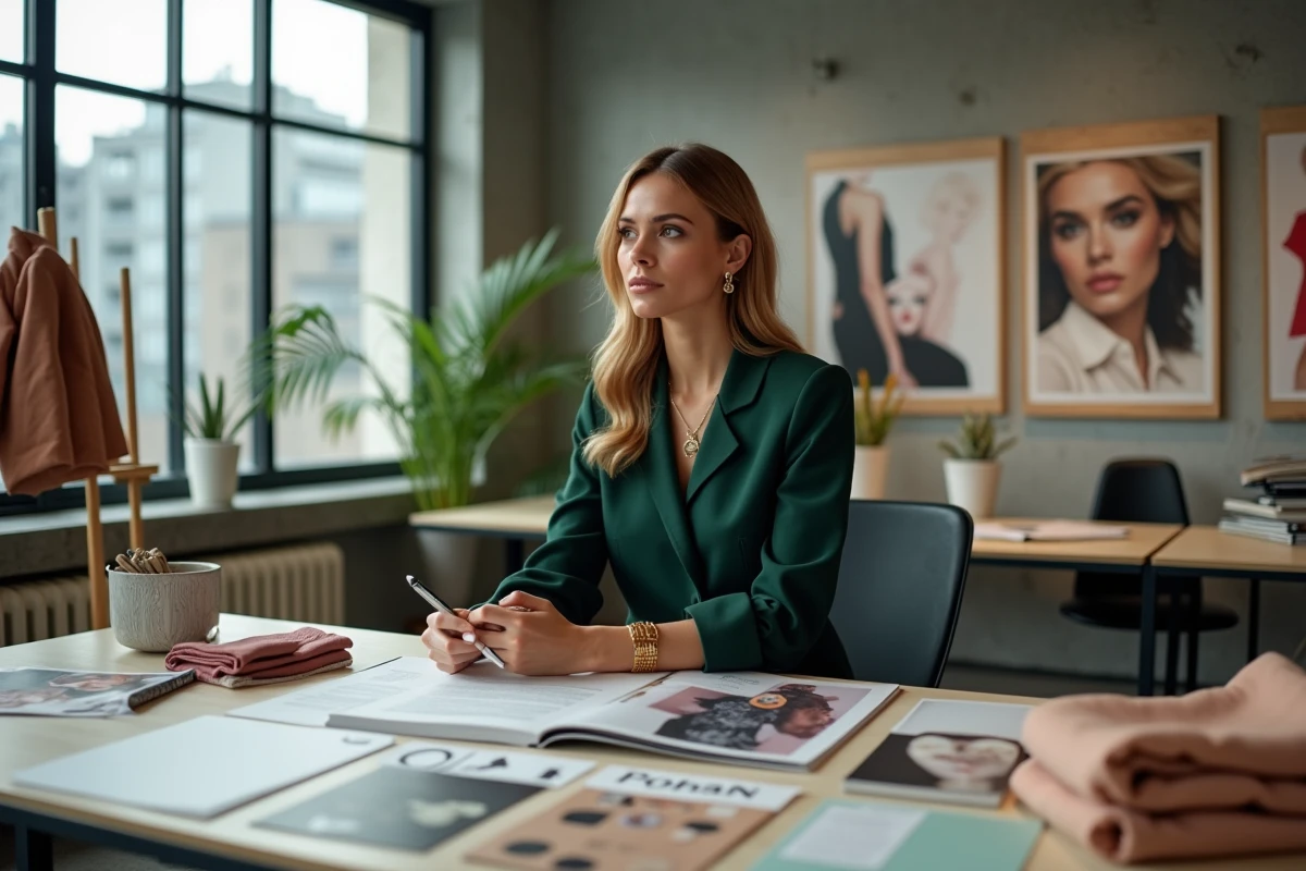Rédactrice mode analysant des tendances beauté et luxe dans un studio éditorial moderne avec magazines et moodboards