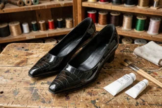 Paire d'escarpins vernis noirs craquelés posée sur un établi de cordonnier avec des produits de réparation pour redonner un aspect neuf au cuir verni