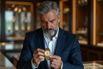 Homme élégant examinant attentivement une montre Rolex Day-Date dans une boutique de montres de luxe