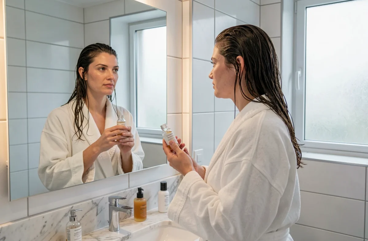 Femme inspectant les résultats d'un soin Leonie & Co dans la salle de bain