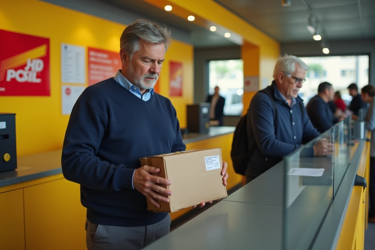 Homme déposant un colis retour Vinted à un guichet La Poste avec reçu en main