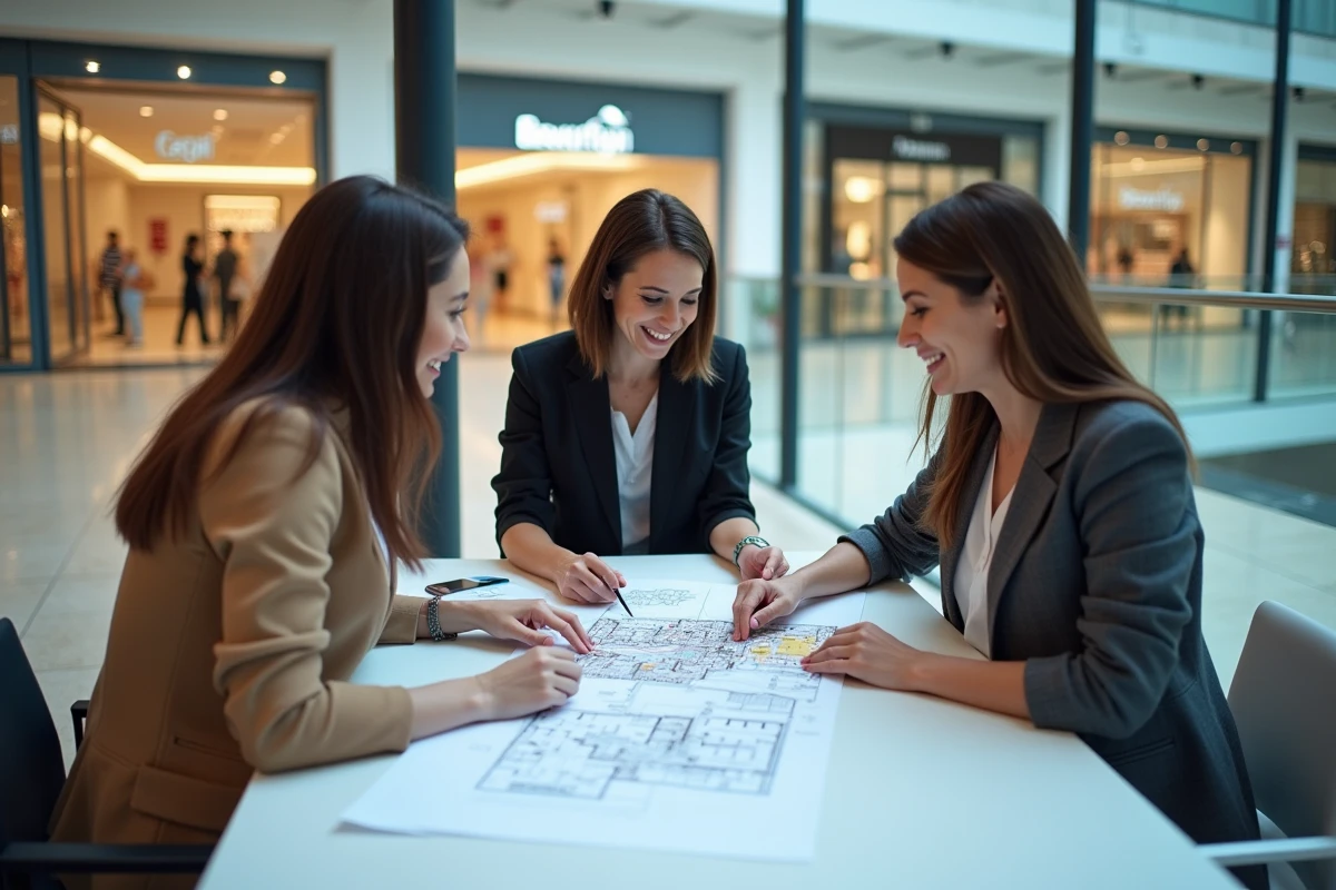 Réunion de professionnels de l'immobilier commercial analysant des plans de réaménagement d'un centre commercial