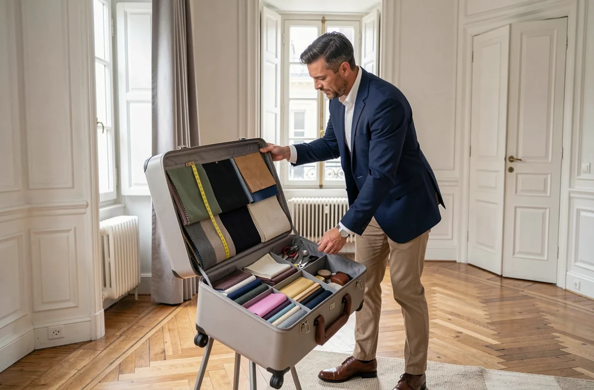 Tailleur de Rives arrivant chez un client parisien avec sa mallette de service itinérant sur mesure