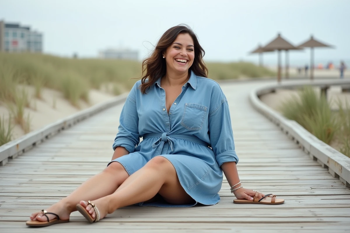 Grande femme souriante en robe chemise chambray bleue assise sur une promenade en bois au bord de la mer, tenue grande taille décontractée