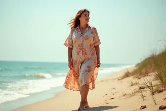Femme ronde en robe chemise lin fleurie sur une plage de sable doré, style estival grande taille confortable et élégant