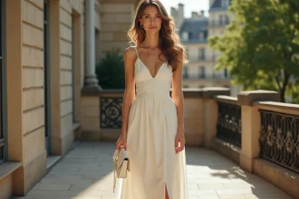 Femme en robe blanche habillée assortie à des sandales nude et un sac pochette ivoire avec bijoux dorés