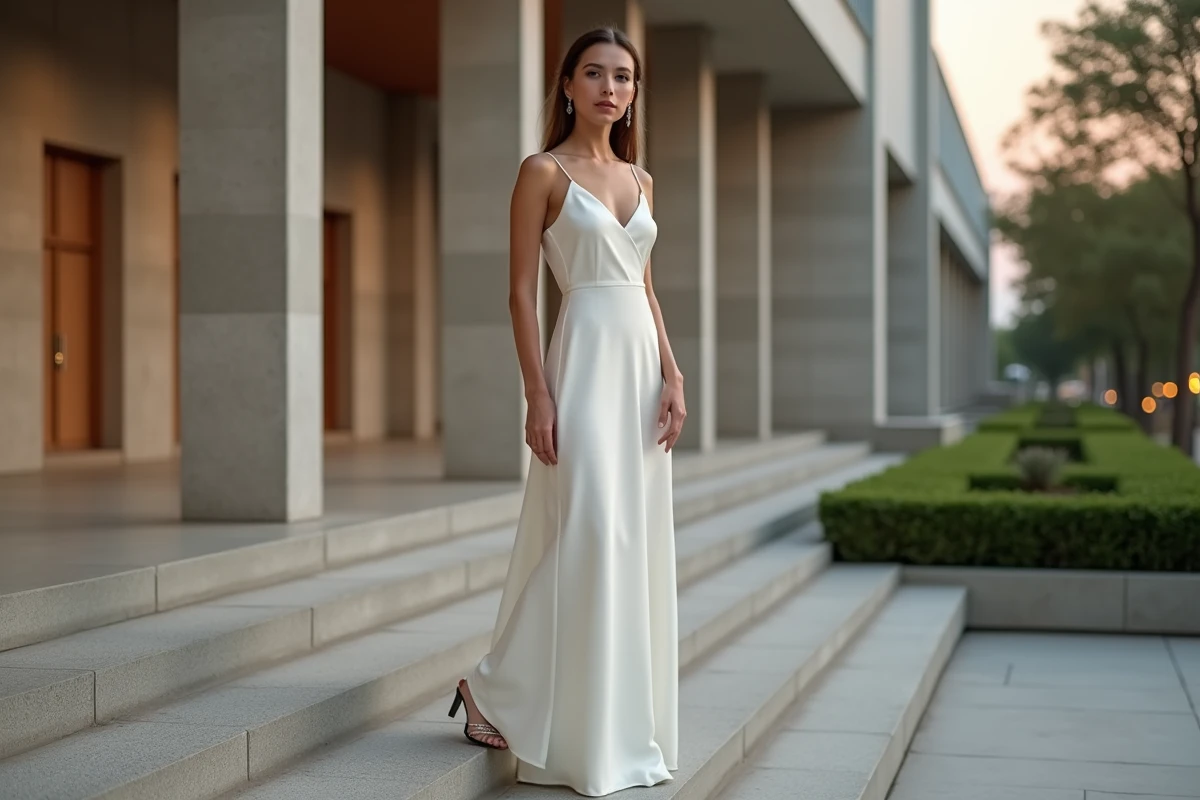 Robe longue blanche en satin minimaliste portée lors d'une soirée élégante devant une architecture moderniste, style épuré et raffiné
