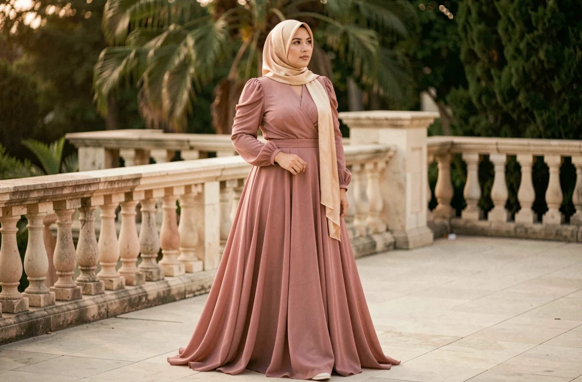 Femme voilée en robe de soirée longue rose poudré avec hijab champagne sur une terrasse élégante