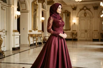 Femme voilée portant une robe de soirée longue à manches en dentelle bordeaux dans un hall de luxe