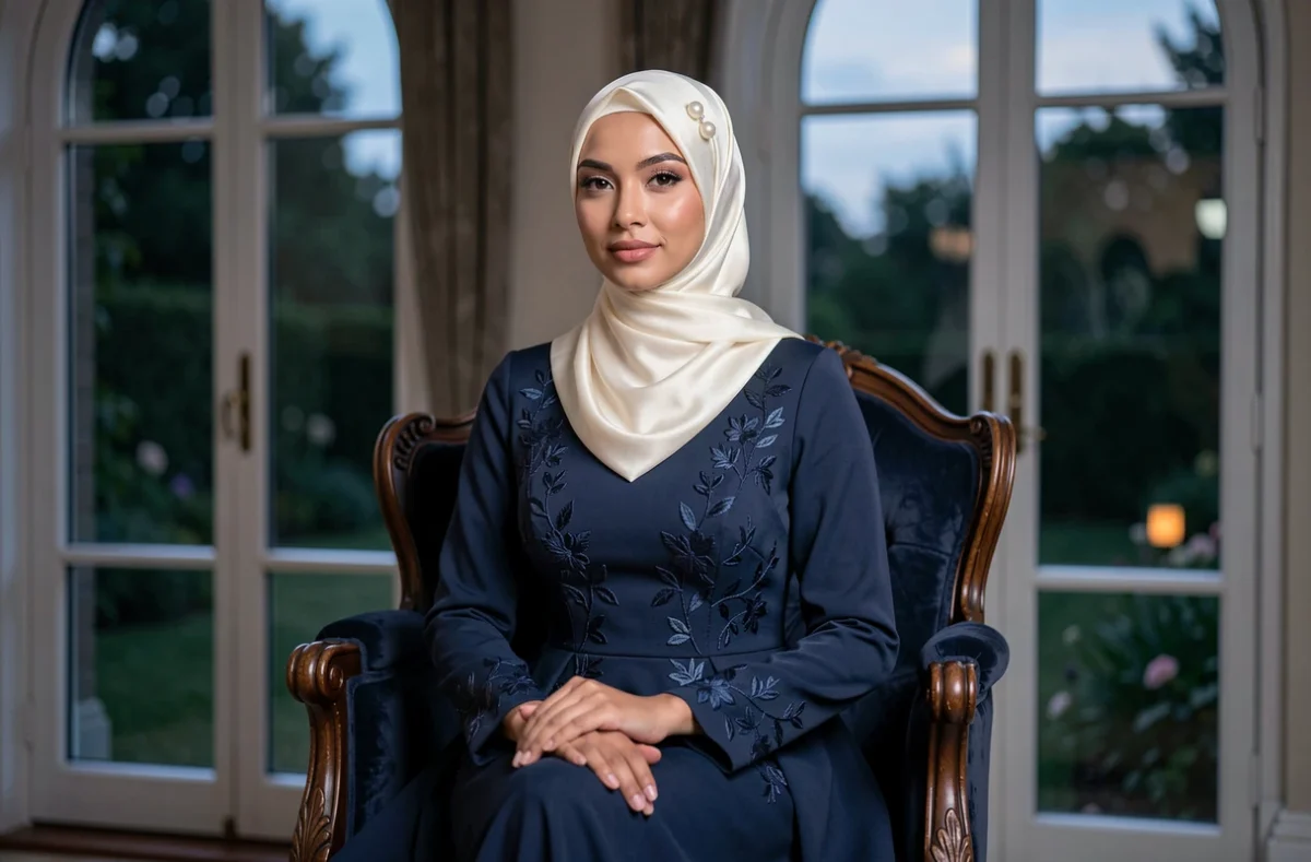 Femme voilée assise en robe longue brodée bleu nuit avec hijab ivoire, style soirée élégant
