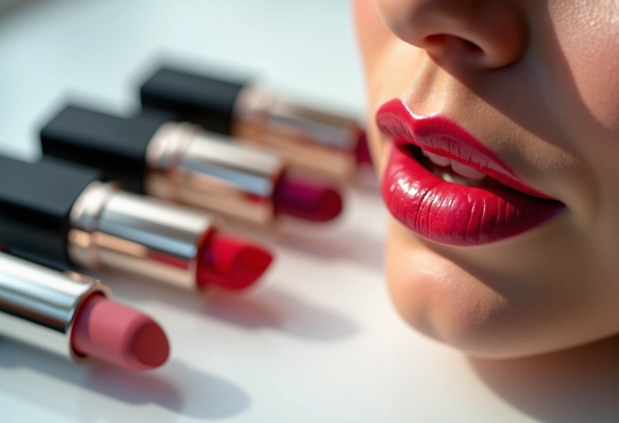 Vaste choix de rouges à lèvres contrastants sur la coiffeuse