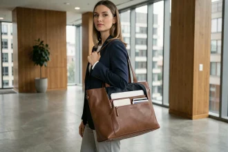 Femme professionnelle tenant un sac de travail en cuir structuré avec compartiment ordinateur dans un bureau moderne