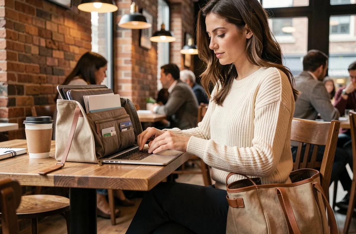 Jeune femme rangeant son ordinateur portable dans son sac de travail dans un café urbain cosy