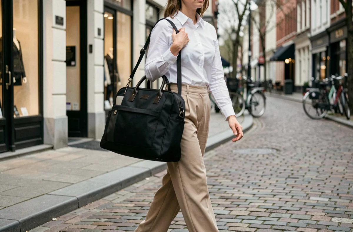 Femme active marchant en ville avec un sac de travail structuré pour ordinateur portable en cuir et nylon