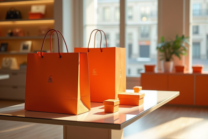 Sacs Hermès élégants et boîtes orange dans une boutique chic