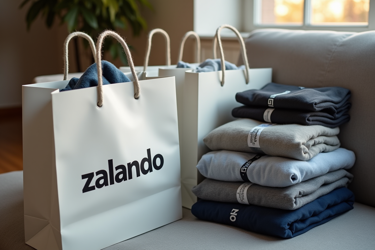 Sacs Zalando ouverts avec vêtements pliés et étiquettes visibles