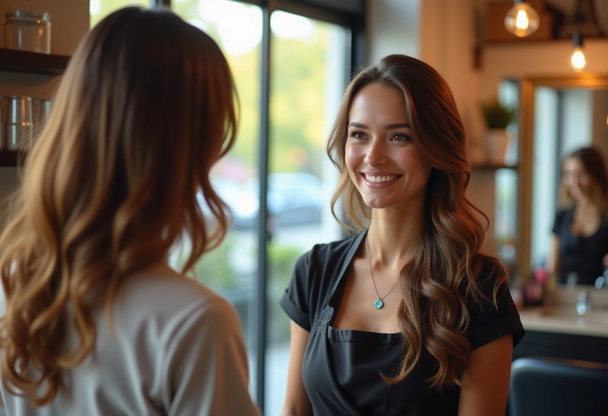 Coiffeur accueillant un client dans un salon lumineux et chaleureux