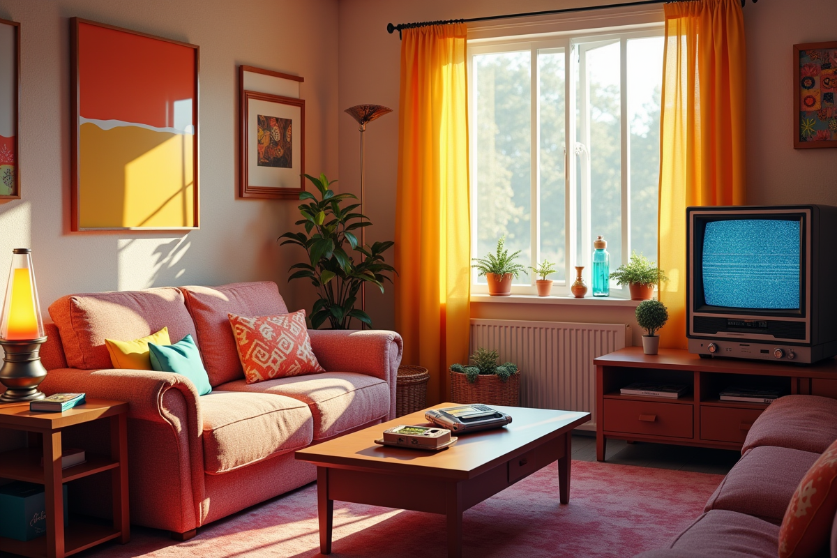 Salon rétro 90s avec lampe lava et télé vintage