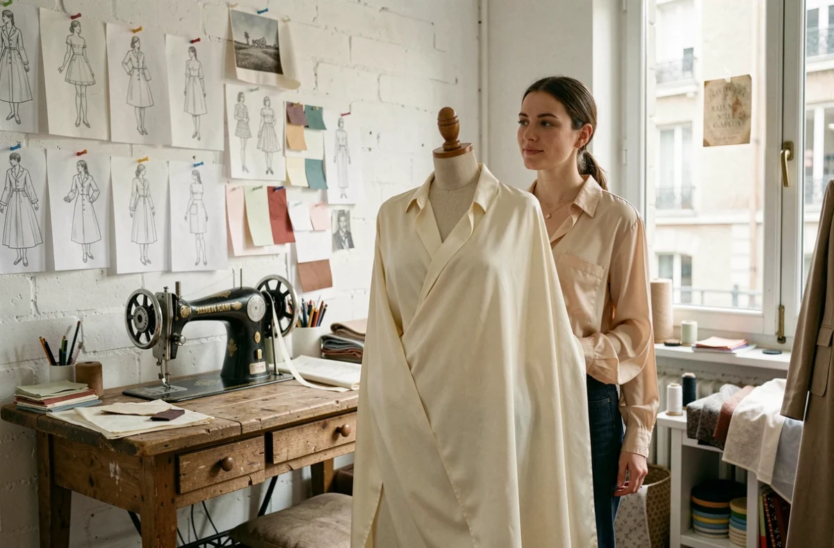 Tailleuse de Seta dans son atelier sur mesure du 20e arrondissement de Paris drapant un tissu sur une forme de couture