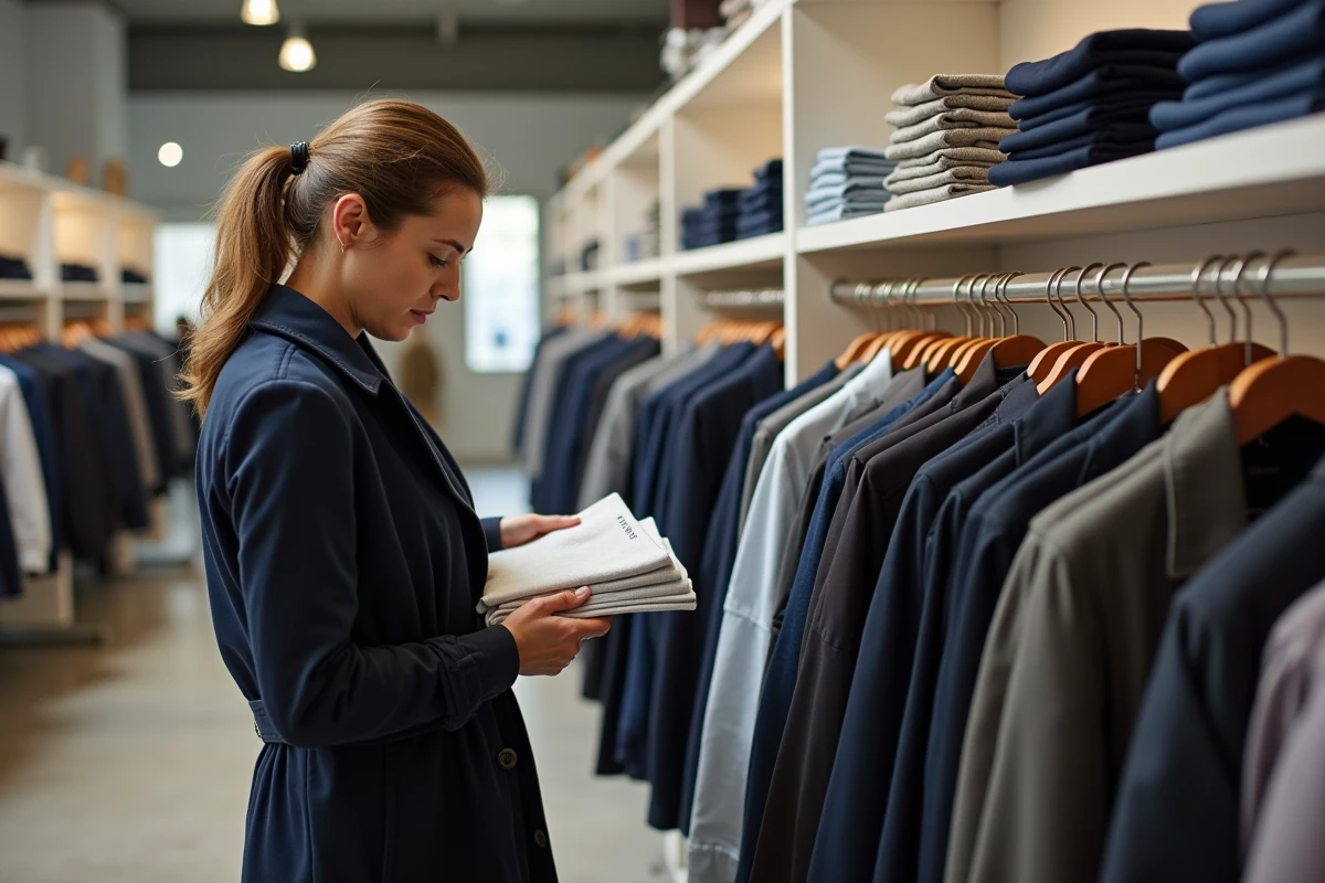 Femme comparant deux vêtements dans un magasin devant un présentoir avec des étiquettes de tailles FR EU UK US, illustration du guide des tailles larafabianweb