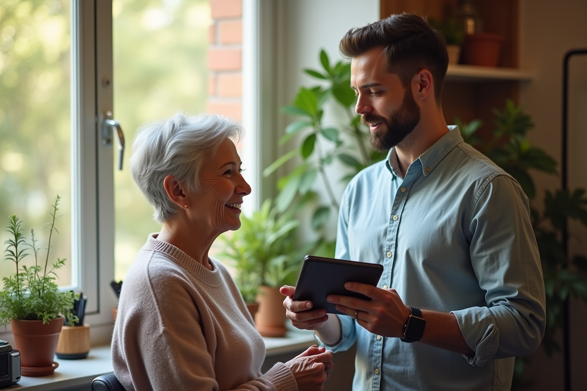 Styliste homme conseille une cliente dans un studio lumineux