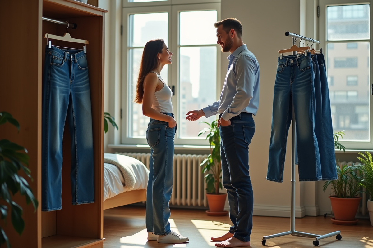 Un styliste conseille une femme essayant un jean dans un appartement