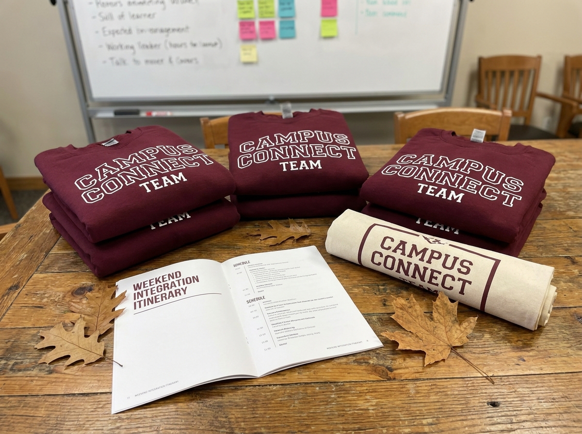 Sweatshirts personnalisés pliés avec le programme du week-end d'intégration en vue de dessus